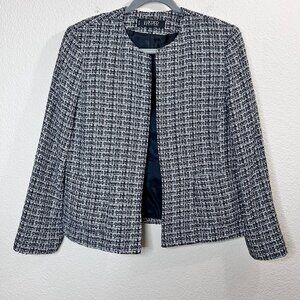 Black Plaid Tweed Academia Preppy Open Front Blazer Suit Jacket Women Size 14P